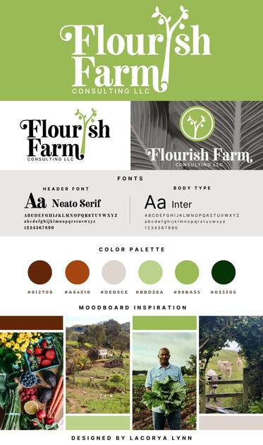 Flourish Farm Consulting LLC Branding Kit For this client, I created their logo, color palette, and brand identity kit. This was my first time using adobe illustrator in 7 years; however, I am very happy with the results.
